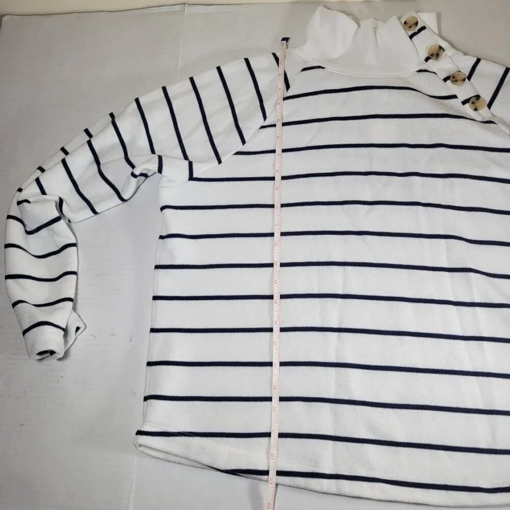 J.Crew Women White Navy Stripe Button Neck Long Sleeve Cotton Blend Tunic Size L